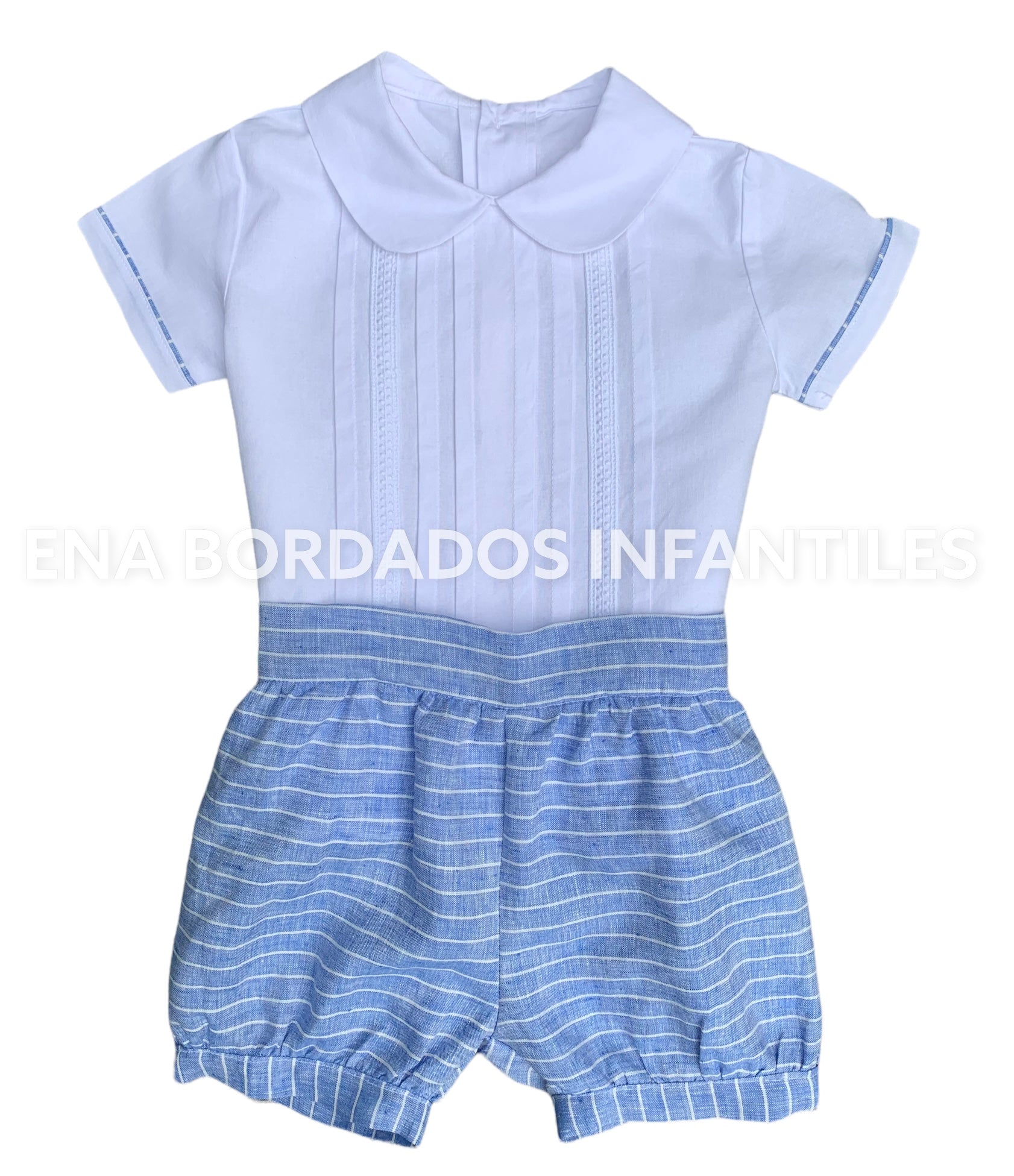 Camisa alforzas con short lino azul rayas blancas