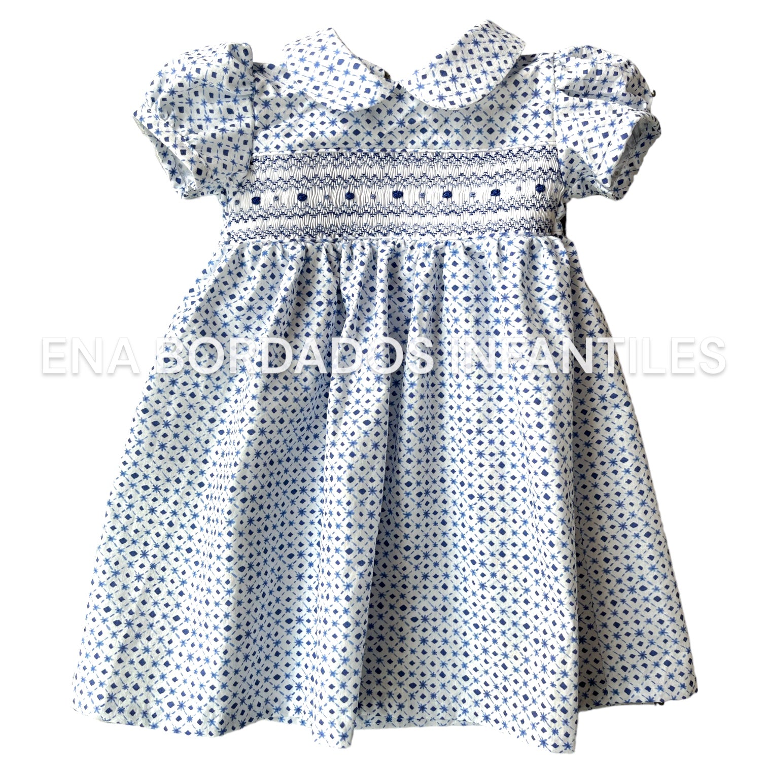 Vestido blanco estampado azul con panal