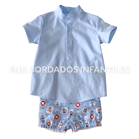 Camisa celeste con short estampado marinero 3 años