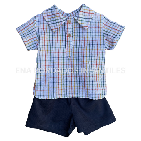 Camisa seersucker cuadros con short piqué azul