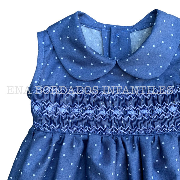 Vestido azul puntos blancos panal