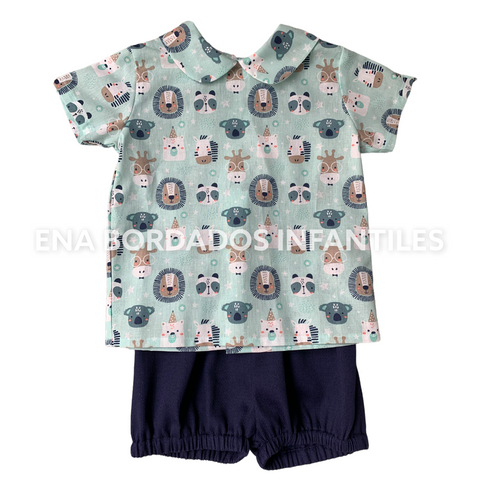 Camisa animalitos con short bombacho piqué azul