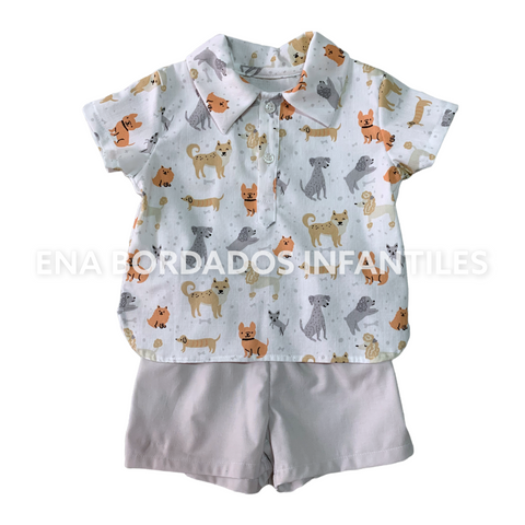 Camisa perritos con short gris