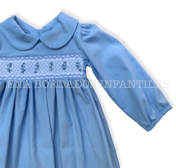 Vestido corduroy celeste panal manga larga 9 meses