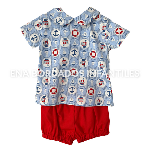 Camisa piqué estampado marinero con short bombacho rojo