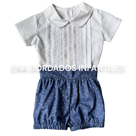 Camisa alforzas con short bombacho azul puntos blancos