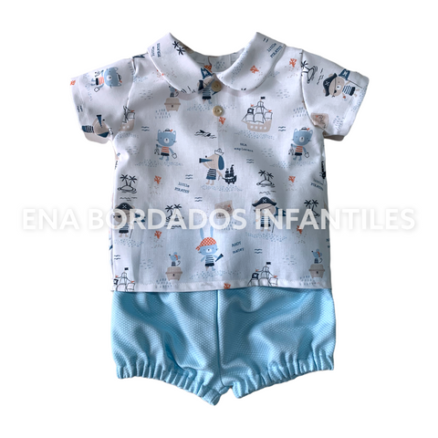 Camisa estampado marinero con short bombacho celeste