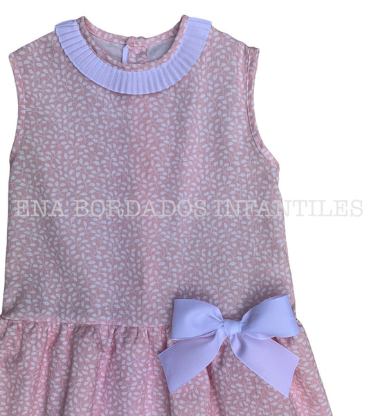 Vestido talle bajo piqué rosado hojitas