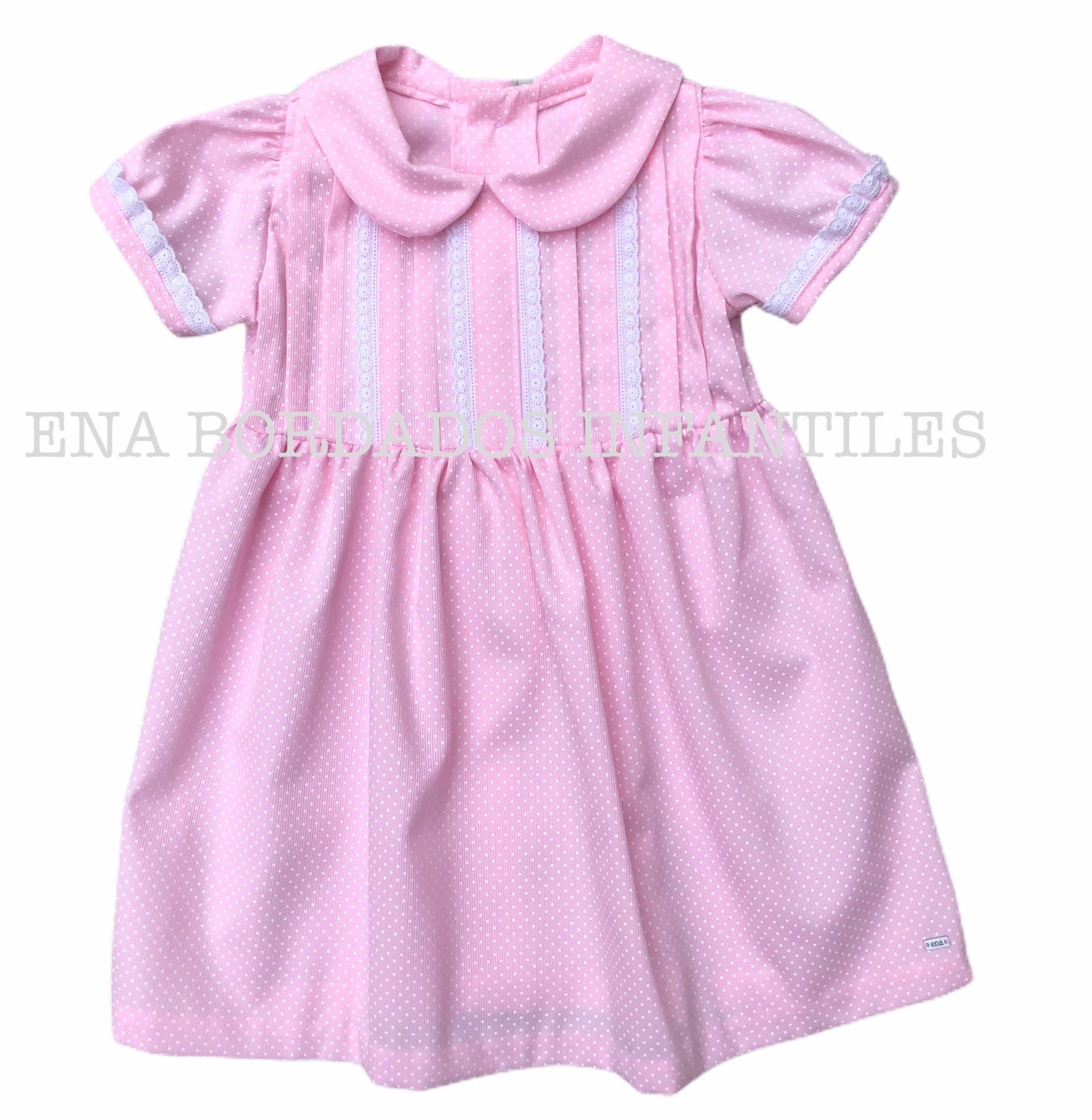 Vestido piqué rosado puntitos blancos tira bordada 12 meses