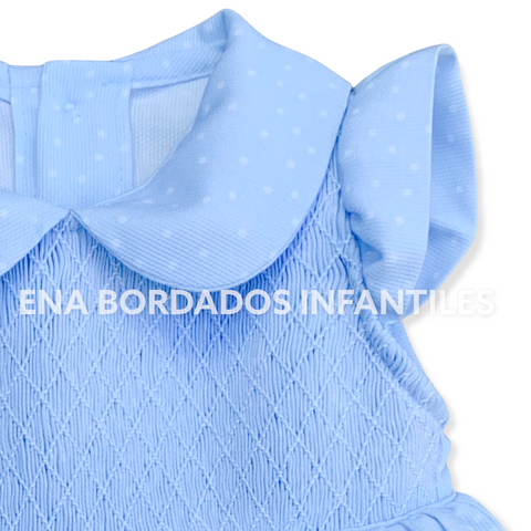 Vestido piqué celeste puntitos blancos panal entero