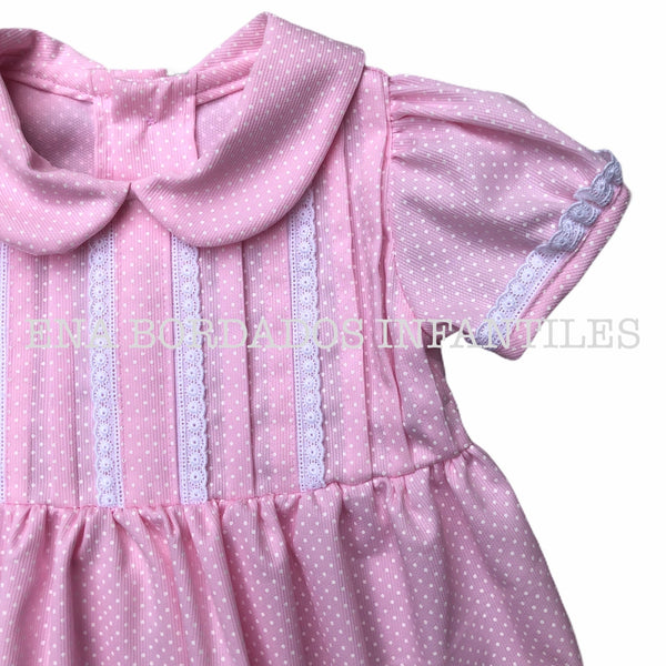 Vestido piqué rosado puntitos blancos tira bordada 12 meses
