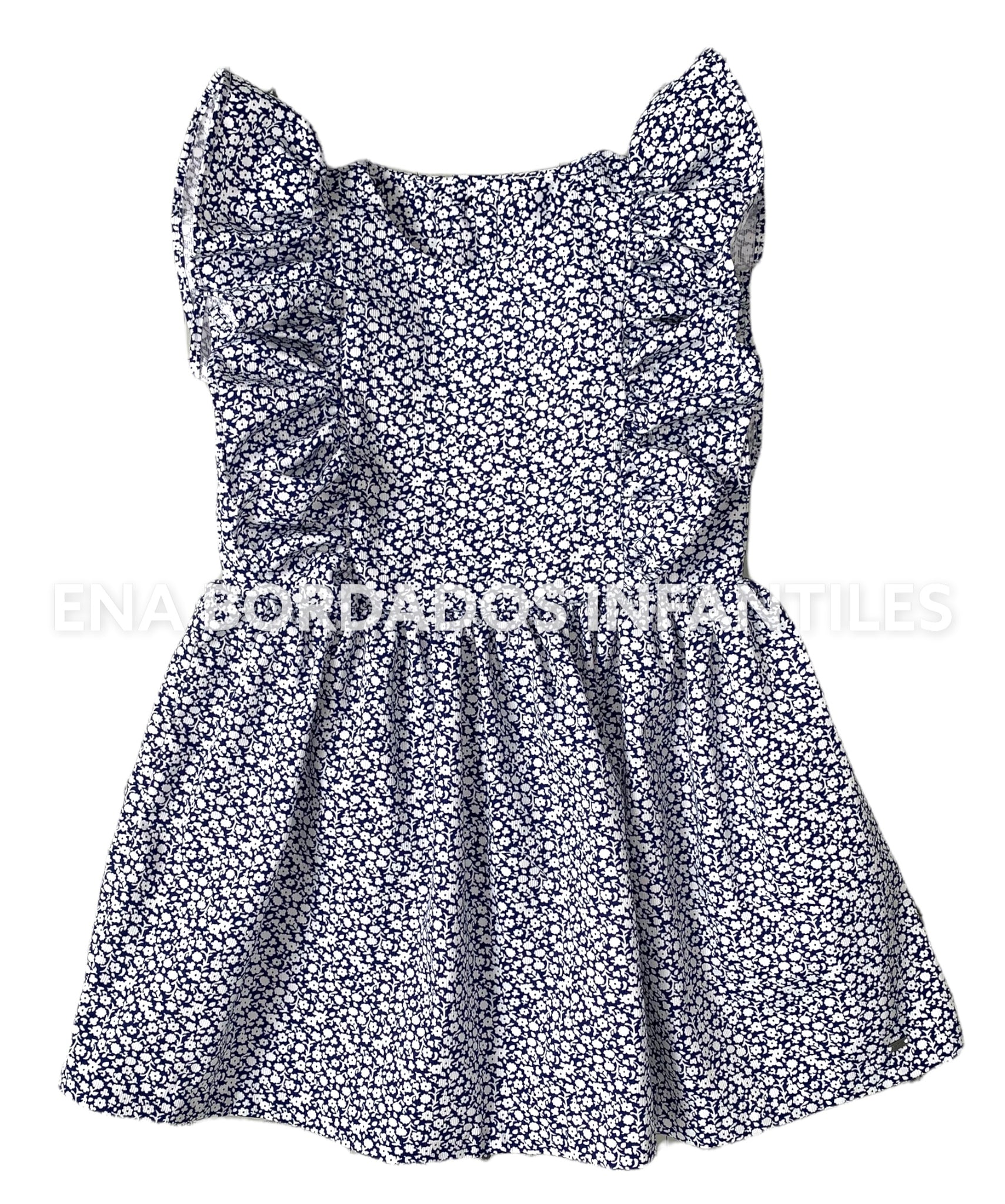 Vestido azul marino con flores blancas escarola