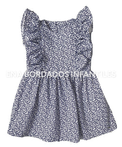 Vestido azul marino con flores blancas escarola