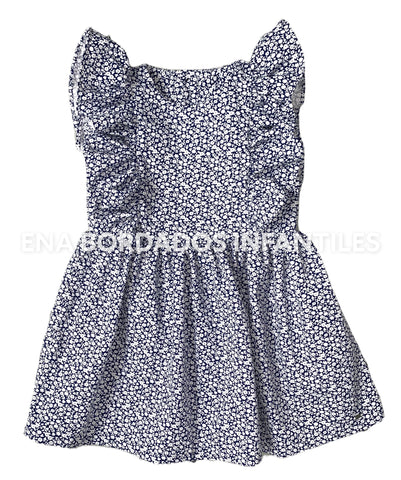 Vestido azul marino con flores blancas escarola