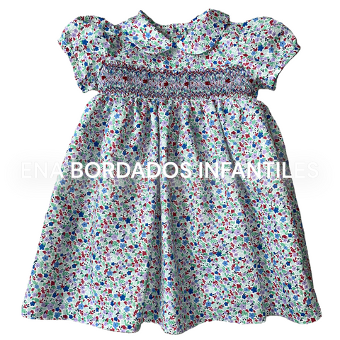 Vestido flores azules y rojas panal 4 años