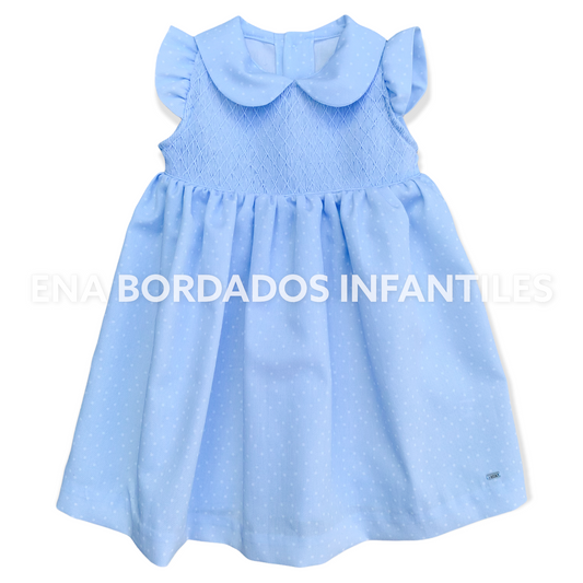 Vestido piqué celeste puntitos blancos panal entero