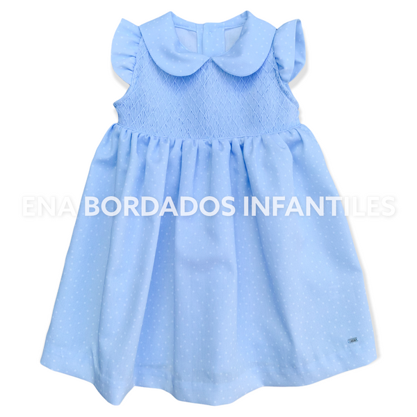 Vestido piqué celeste puntitos blancos panal entero