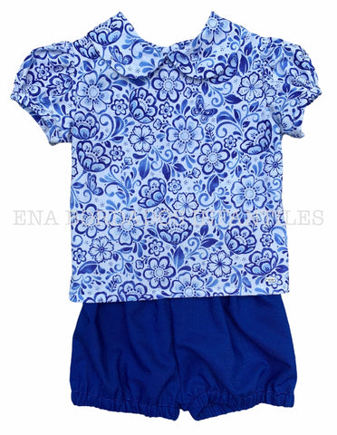 Blusa flores azules con short bombacho azul 12 meses