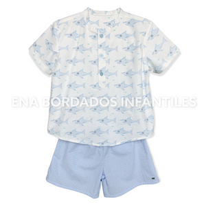 Camisa tiburones con short seersucker celeste