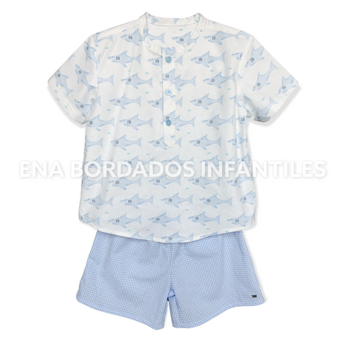 Camisa tiburones con short seersucker celeste