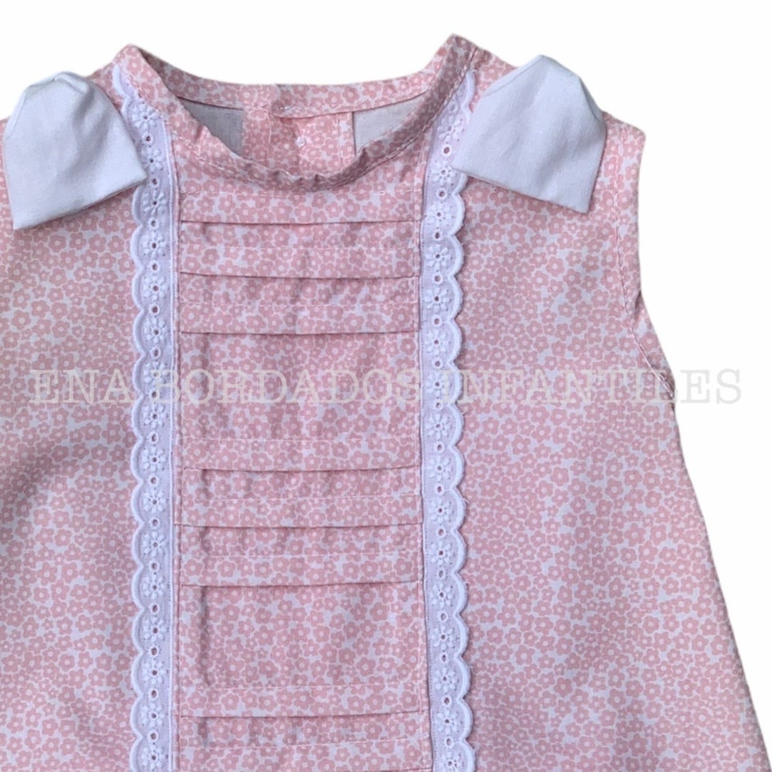 Blusa alforzas flores rosadas con tira bordada 6 meses
