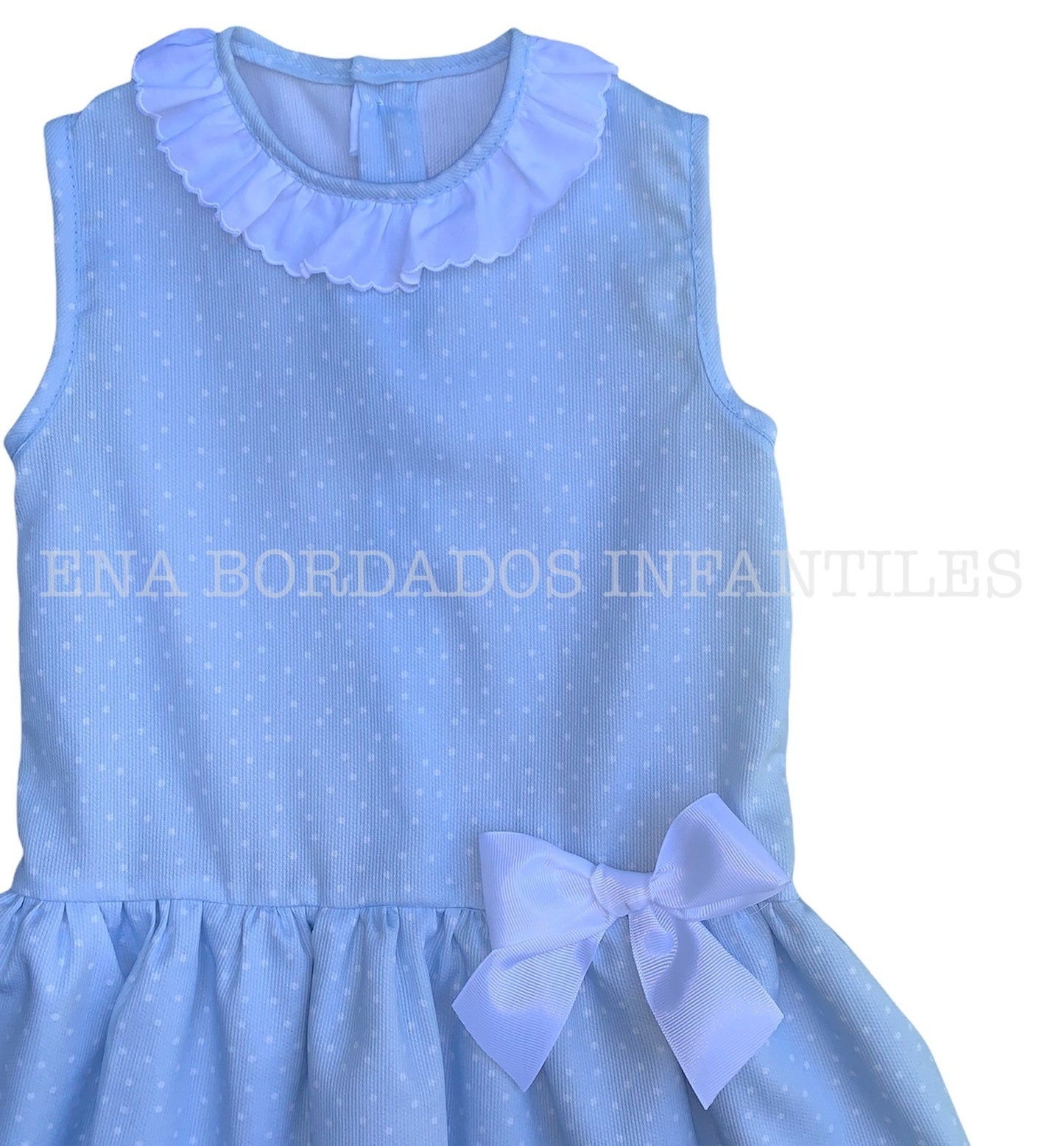 Vestido talle bajo piqué celeste puntos blanco