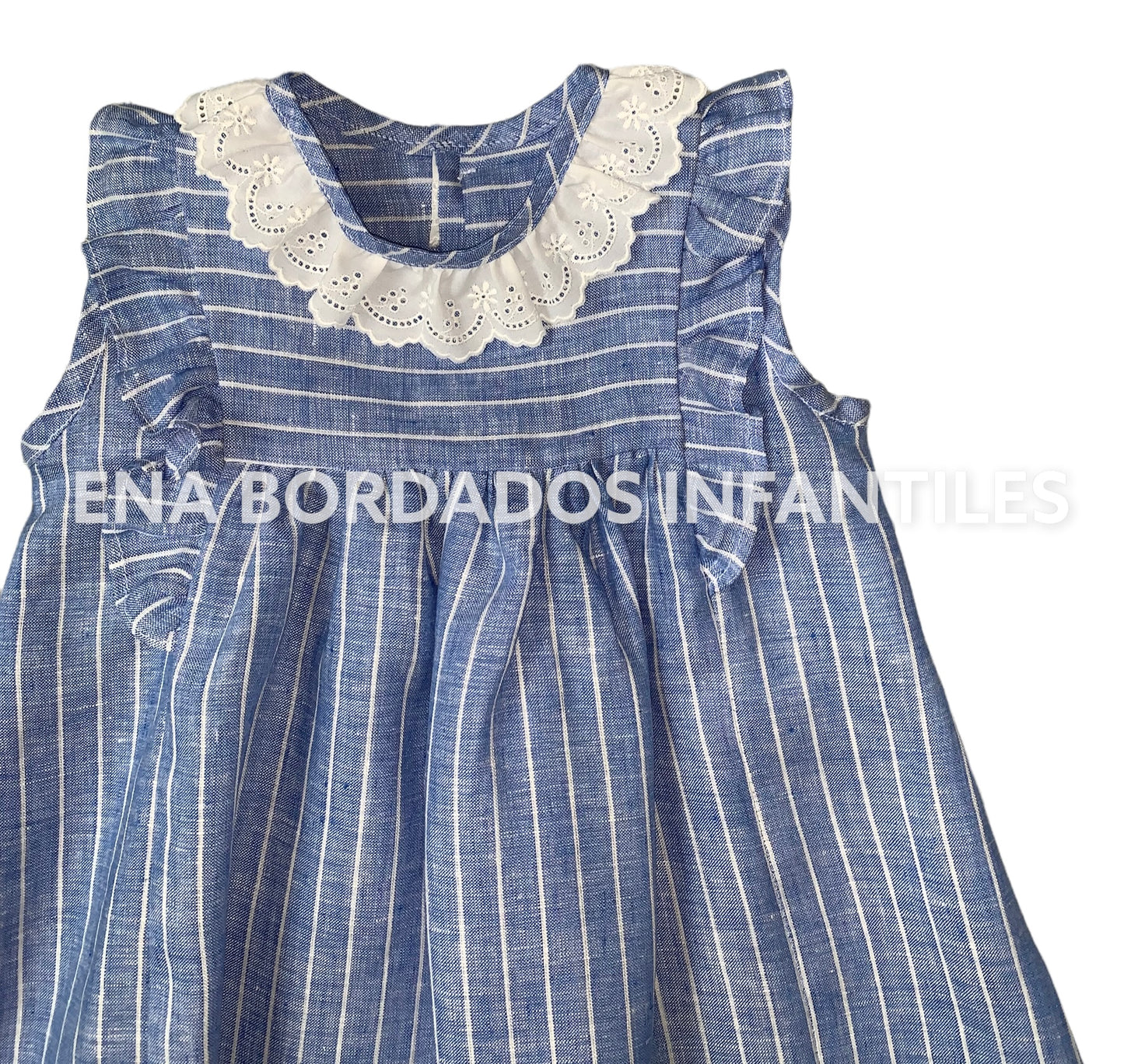 Batita lino azul rayas blancas con tira bordada