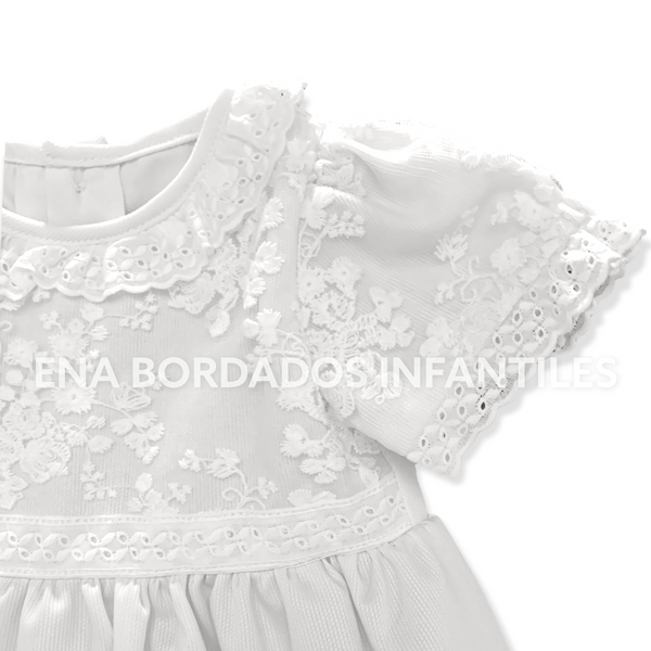 Vestido piqué blanco con tull bordado tira bordada 9 meses