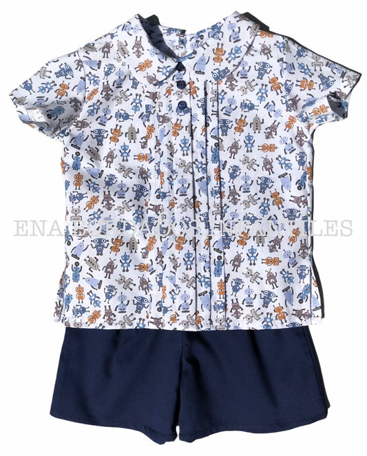 Camisa alforzas robots con short piqué