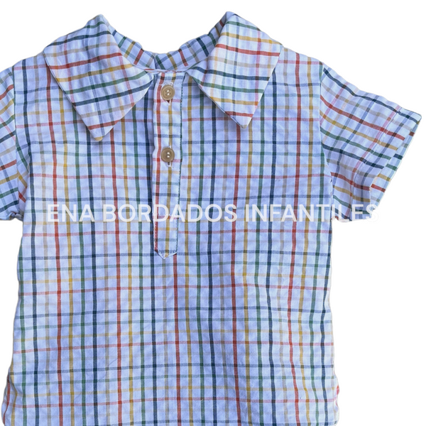 Camisa seersucker cuadros con short piqué azul